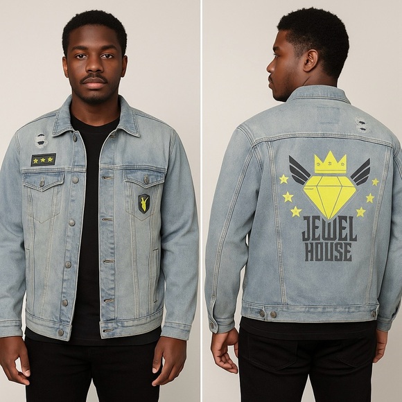 Jewel House Other - EUC Jewel House RARE Distressed Men’s Diamond Jean Jacket with patches Sz 2X